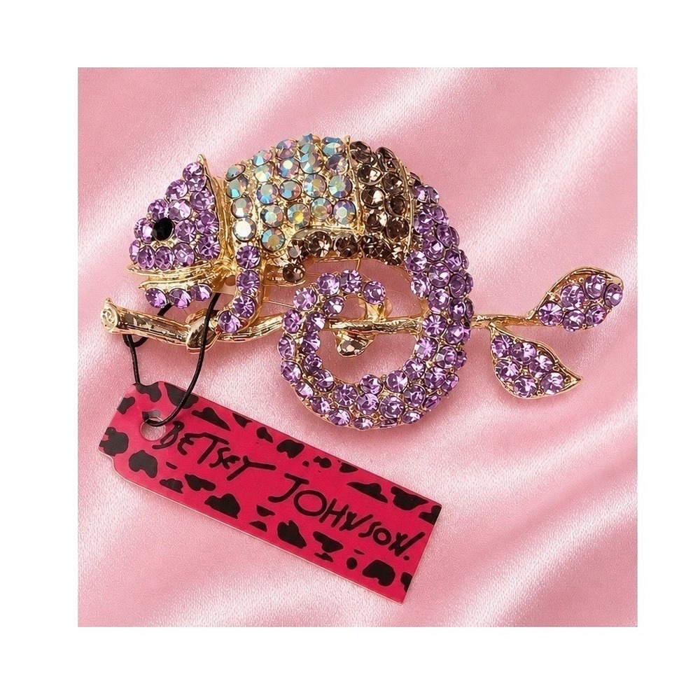 Betsey Johnson NWT Purple Crystal Chameleon Lizard Brooch Pin Gold Statement